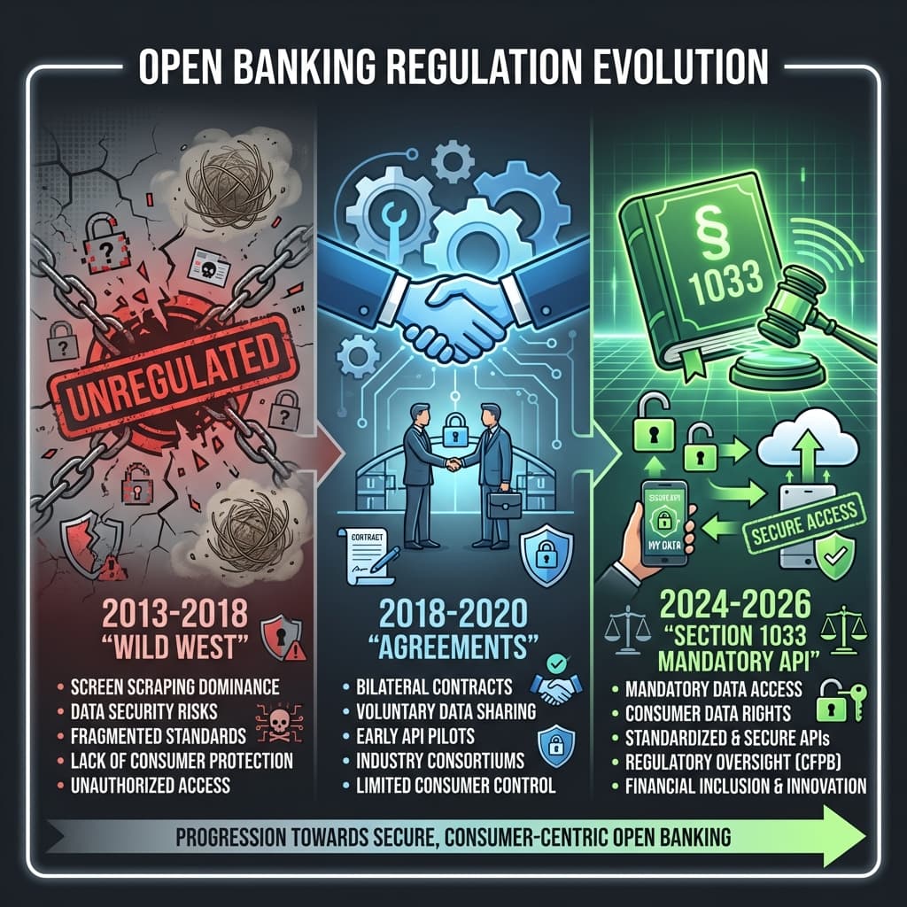 The regulatory journey from screen scraping wild west to mandated open banking APIs.