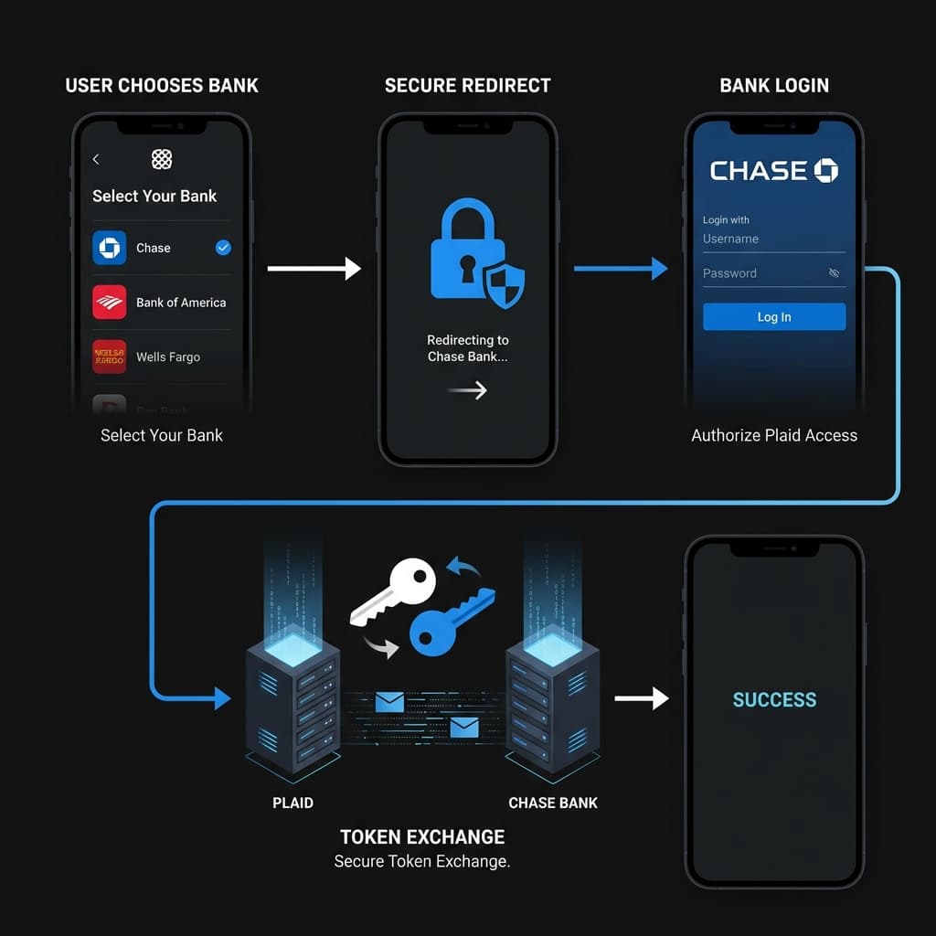 The Plaid Link OAuth flow—credentials never touch third-party servers in modern implementations.